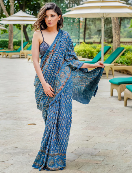 BLUE COTTON SAREE WITH BLOCK PRINTED AJRAKH