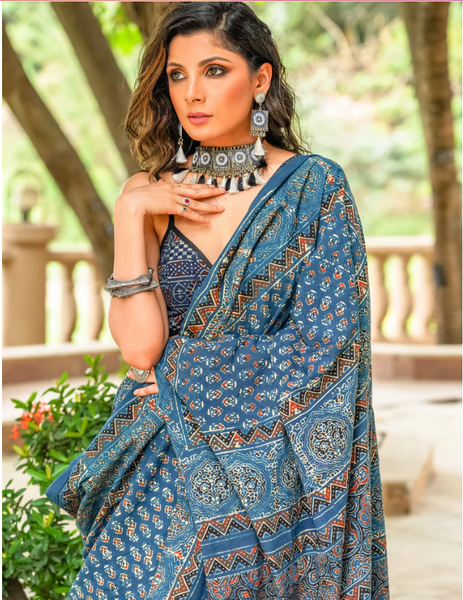 BLUE COTTON SAREE WITH BLOCK PRINTED AJRAKH