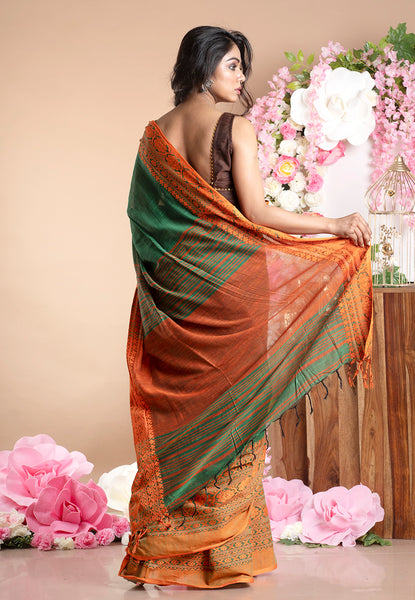 GREEN HANDLOOM DHANIAKHALIA COTTON SAREE WITH WOVEN TANGERINE BORDER