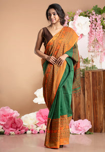 GREEN HANDLOOM DHANIAKHALIA COTTON SAREE WITH WOVEN TANGERINE BORDER