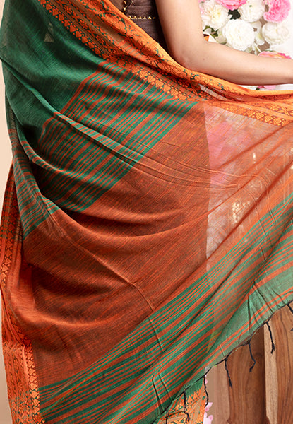 GREEN HANDLOOM DHANIAKHALIA COTTON SAREE WITH WOVEN TANGERINE BORDER