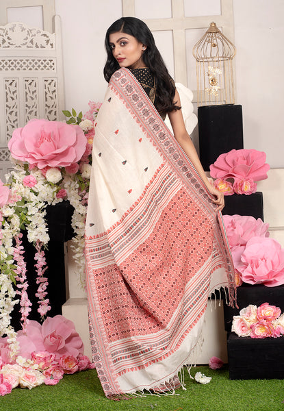 OFFWHITE KHADI DHANIAKHALIA COTTON HANDLOOM SAREE WITH RED AND BLACK WOVEN MOTIFS