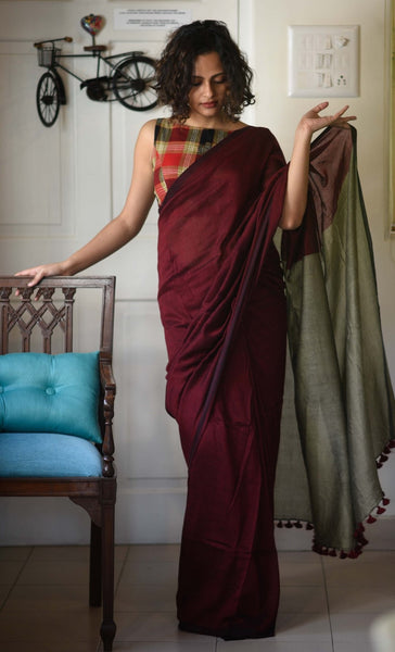 Maroon and Beige Pure Cotton Saree