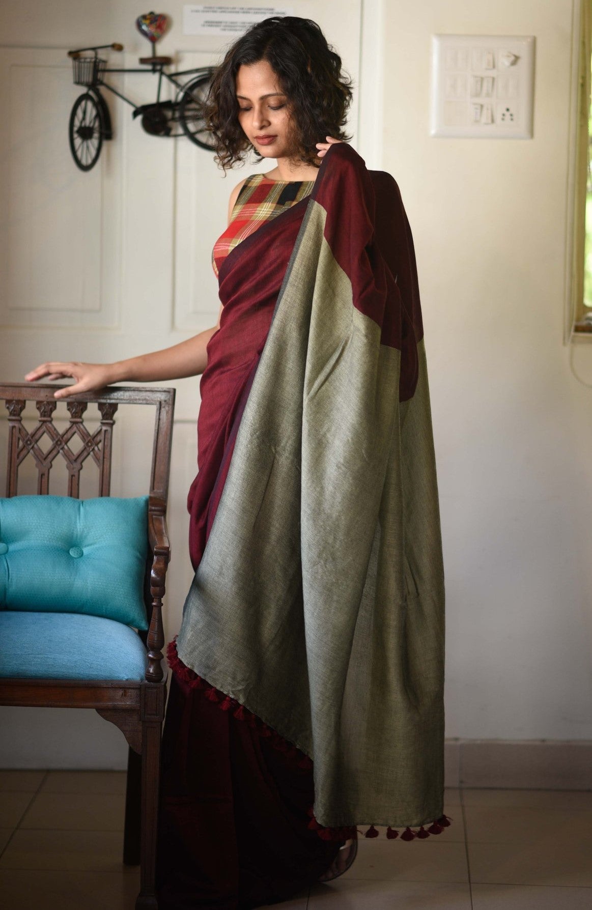 Maroon and Beige Pure Cotton Saree
