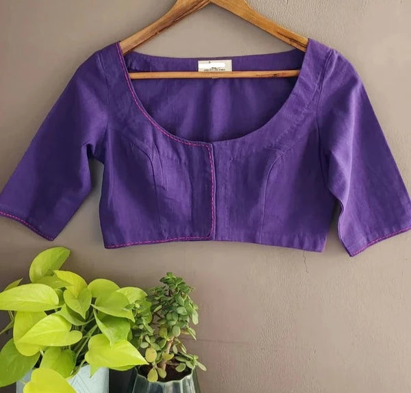 Readymade Purple Cotton Blouse With Hand Embroidery