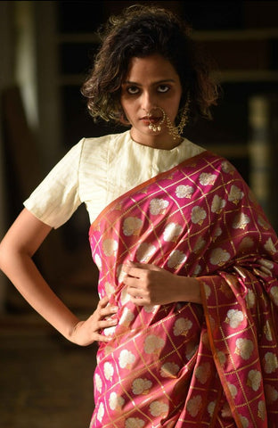 White & Gold Chanderi Ready Made Blouse