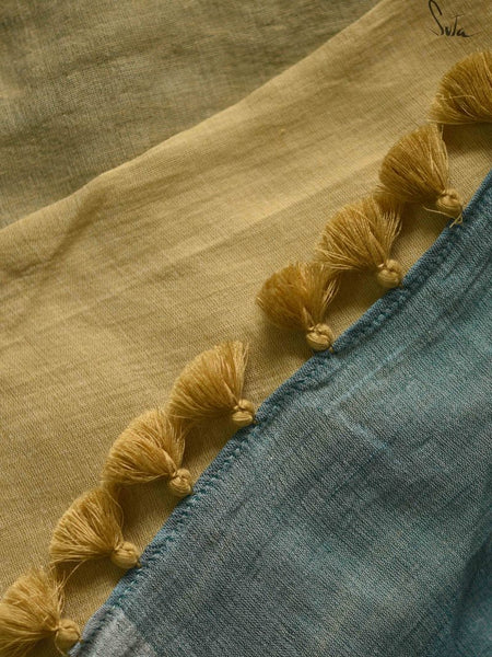 Beige & Blue Cotton Acrylic Saree