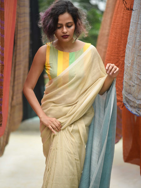 Beige & Blue Cotton Acrylic Saree