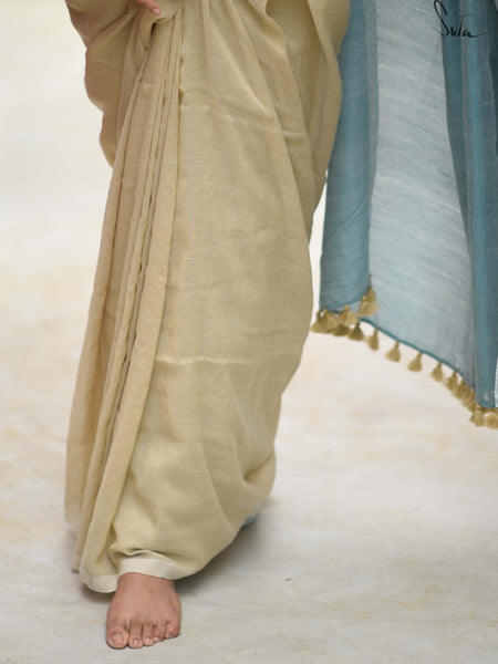 Beige & Blue Cotton Acrylic Saree
