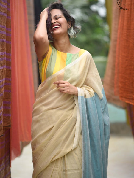 Beige & Blue Cotton Acrylic Saree