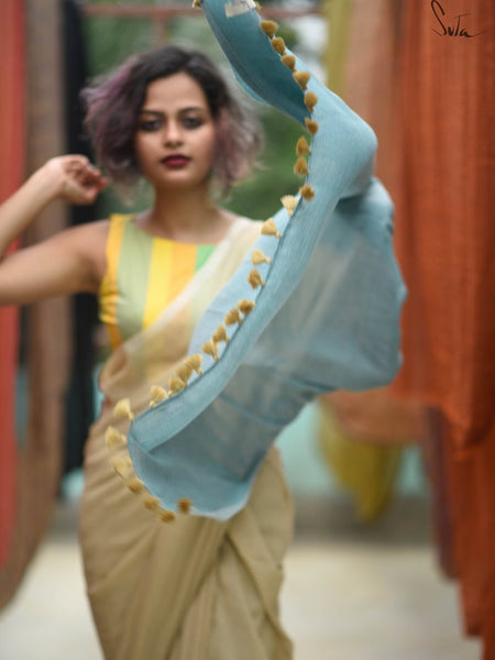 Beige & Blue Cotton Acrylic Saree