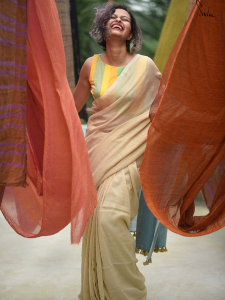 Beige & Blue Cotton Acrylic Saree