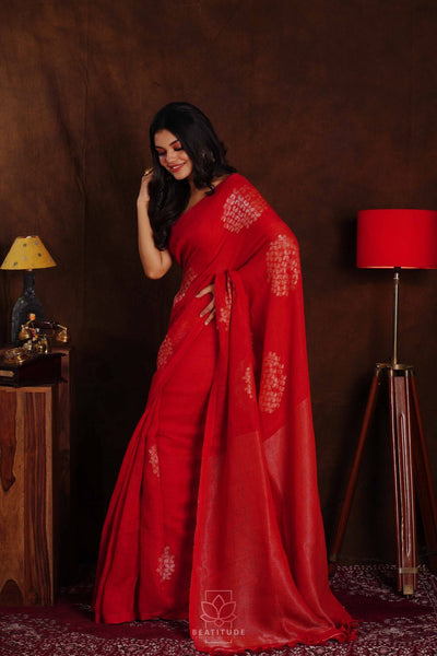 Red Shade Handwoven Linen Jamdani Saree