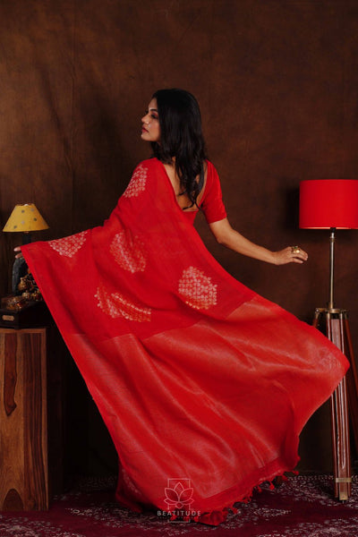 Red Shade Handwoven Linen Jamdani Saree