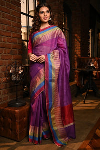 Purple Handwoven Kota Silk Saree with Temple Border