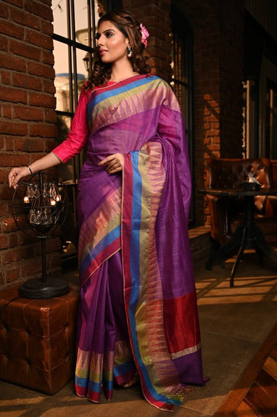 Purple Handwoven Kota Silk Saree with Temple Border