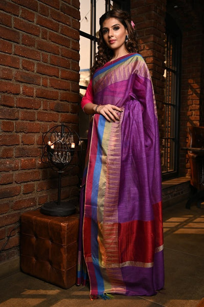 Purple Handwoven Kota Silk Saree with Temple Border