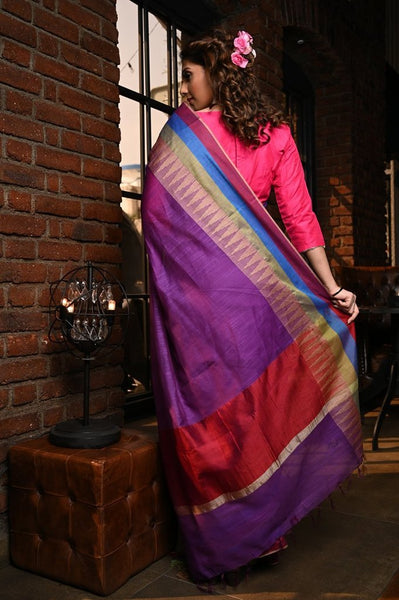 Purple Handwoven Kota Silk Saree with Temple Border