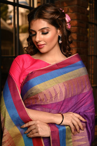 Purple Handwoven Kota Silk Saree with Temple Border