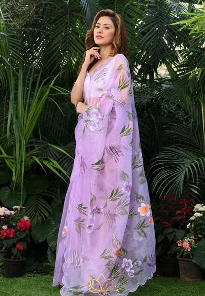 Lavender Floral Print Organza Saree