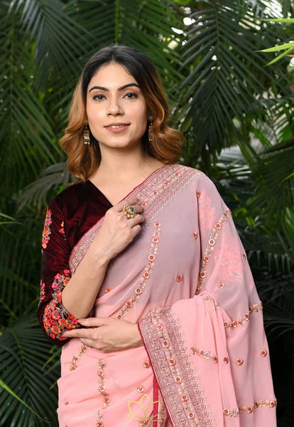 Pink Embroidered Saree Made of Semi Georgette