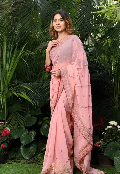Pink Embroidered Saree Made of Semi Georgette