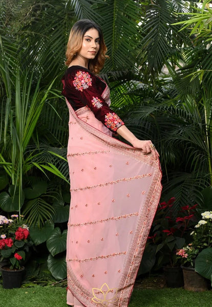Pink Embroidered Saree Made of Semi Georgette