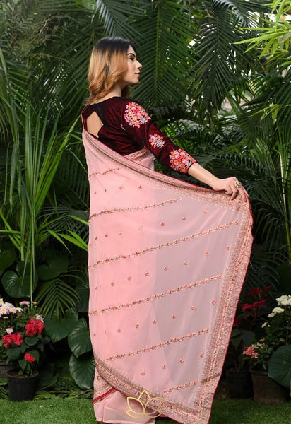 Pink Embroidered Saree Made of Semi Georgette