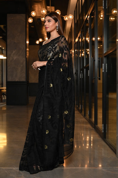 Black Handcrafted Jacquard Jamdani Saree