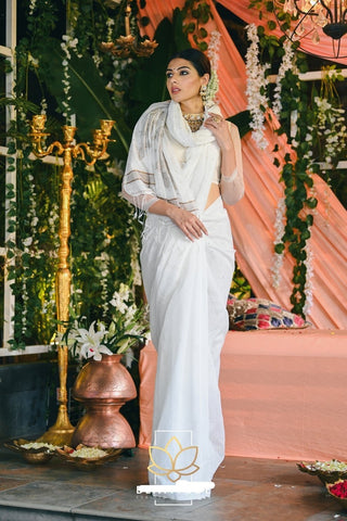 White Cotton Silk Handwoven Jamdani Sequin Saree