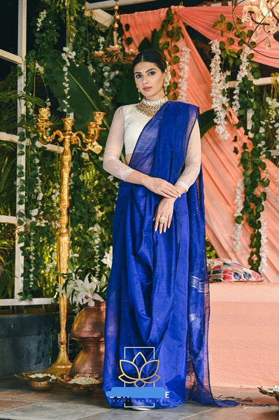 Blue Cotton Silk Handwoven Jamdani Sequin Saree