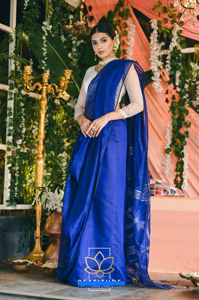 Blue Cotton Silk Handwoven Jamdani Sequin Saree