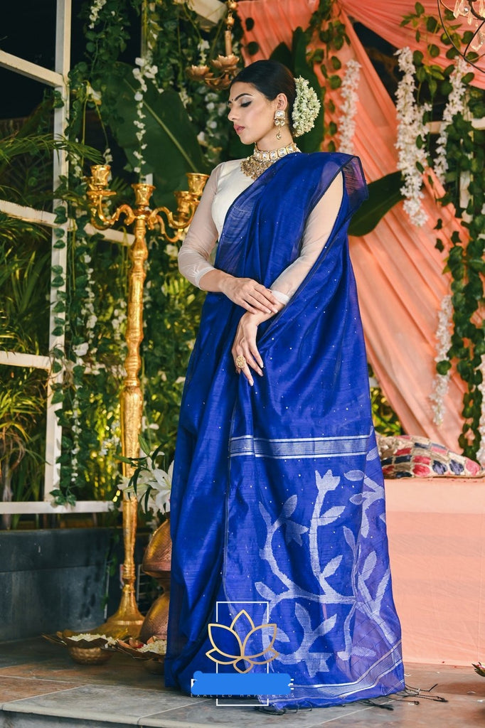 Original Dhakai Handloom Jamdani Saree, Blue Peacock color, multi colo –  Deshi Rongona