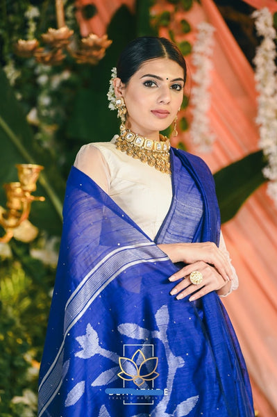 Blue Cotton Silk Handwoven Jamdani Sequin Saree