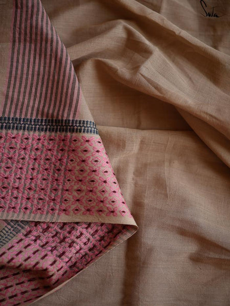 Beige & Pink Handloom Cotton Saree