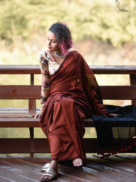 Rust & Black Cotton Acrylic Saree