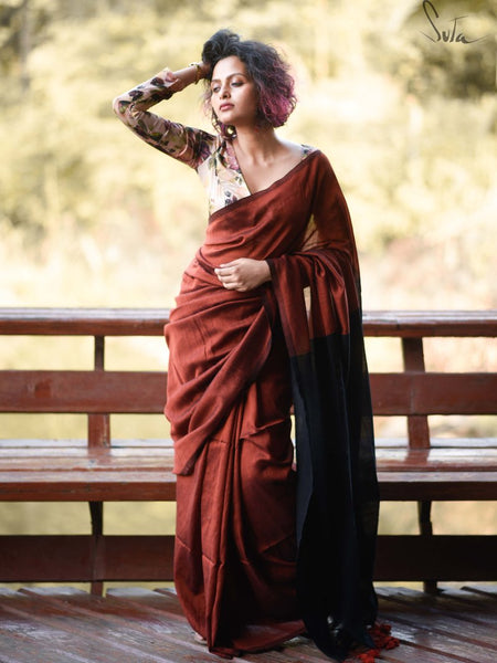 Rust & Black Cotton Acrylic Saree