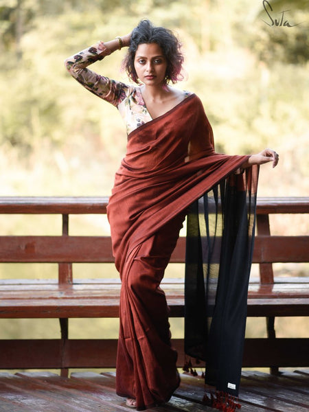 Rust & Black Cotton Acrylic Saree