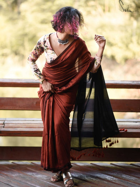 Rust & Black Cotton Acrylic Saree