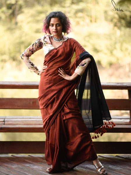 Rust & Black Cotton Acrylic Saree