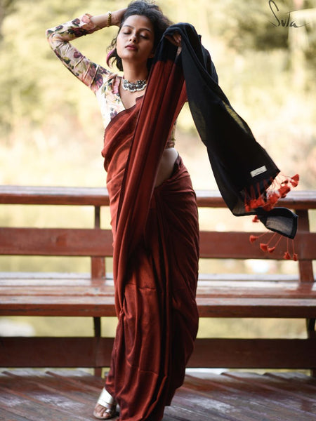 Rust & Black Cotton Acrylic Saree