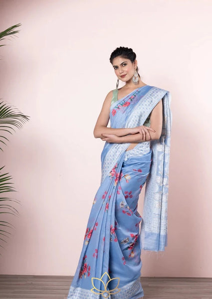 Blue Chanderi Soft Cotton Floral Print Saree with Embroidered Pallu