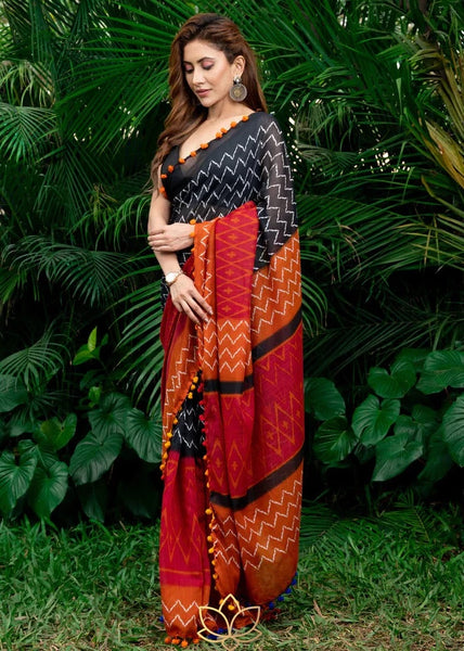Multicolor Printed Soft Blended Mulmul Cotton Saree with Pom Pom