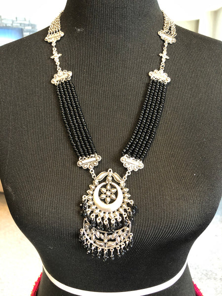 Long Black and Silver Necklace with Adjustable Dori