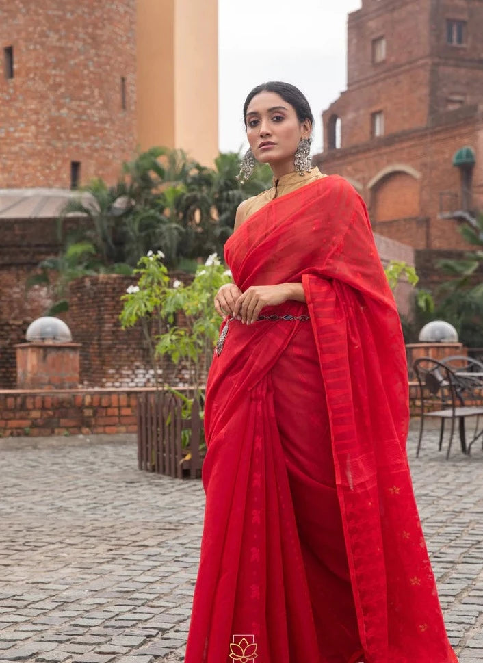Red Shade Cotton Silk Jacquard Jamdani Saree