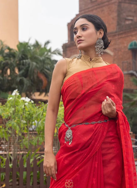 Red Shade Cotton Silk Jacquard Jamdani Saree