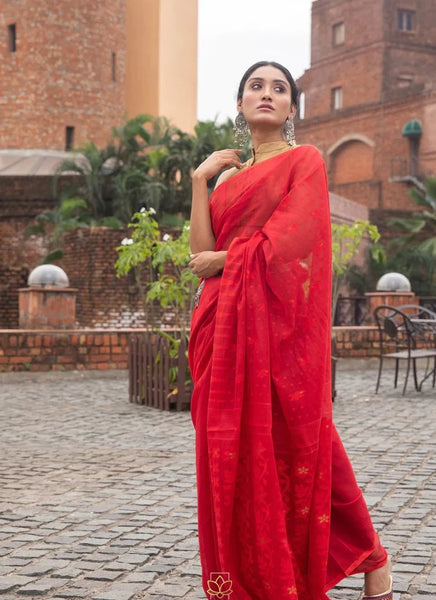 Red Shade Cotton Silk Jacquard Jamdani Saree