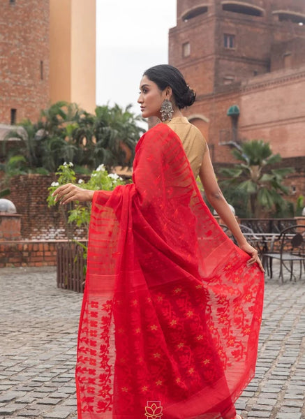 Red Shade Cotton Silk Jacquard Jamdani Saree