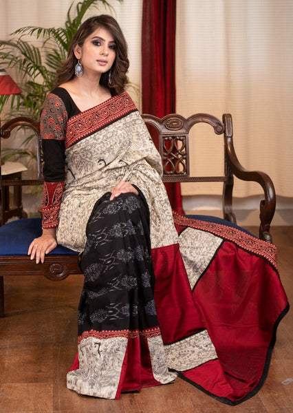 MADHUBANI PRINTED COTTON SAREE WITH IKAT PLEATS