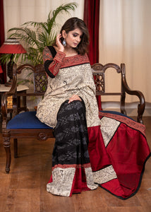 MADHUBANI PRINTED COTTON SAREE WITH IKAT PLEATS